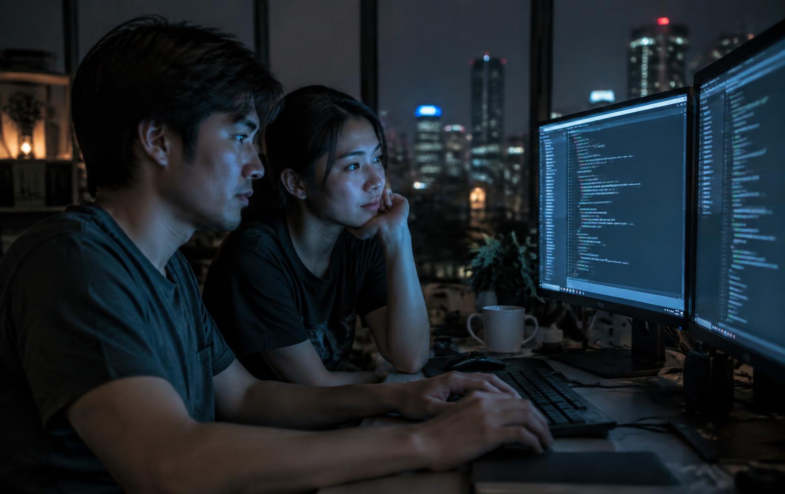 ทีมวิศวกรซอฟต์แวร์พัฒนาระบบและโมเดล AI บนจอมอนิเตอร์หลายจอ