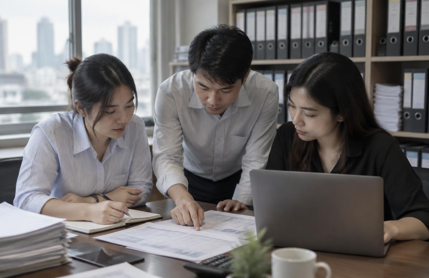 ทีมบัญชีกำลังตรวจงบการเงินร่วมกันในสำนักงานบัญชี