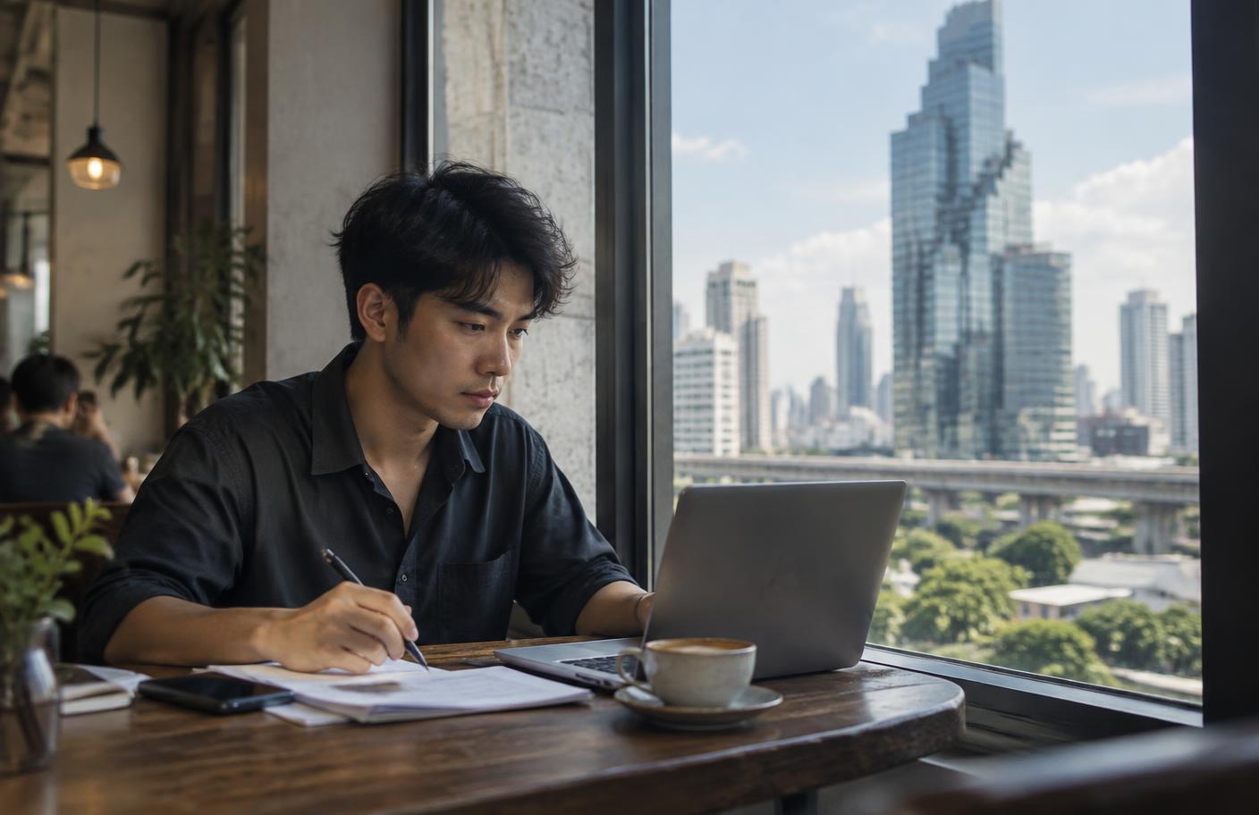 เจ้าของธุรกิจทำงานด้วยแลปท็อปริมหน้าต่างพร้อมมองเห็นอาคารสำนักงานด้านนอก