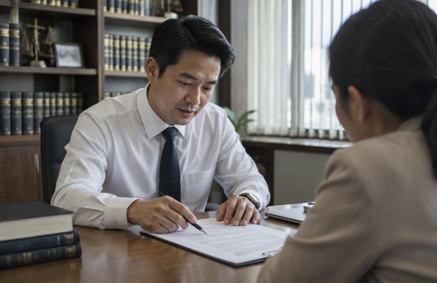 ทนายความกำลังอธิบายเนื้อหาสัญญาให้ลูกค้าฟังในห้องประชุมสำนักงานกฎหมาย