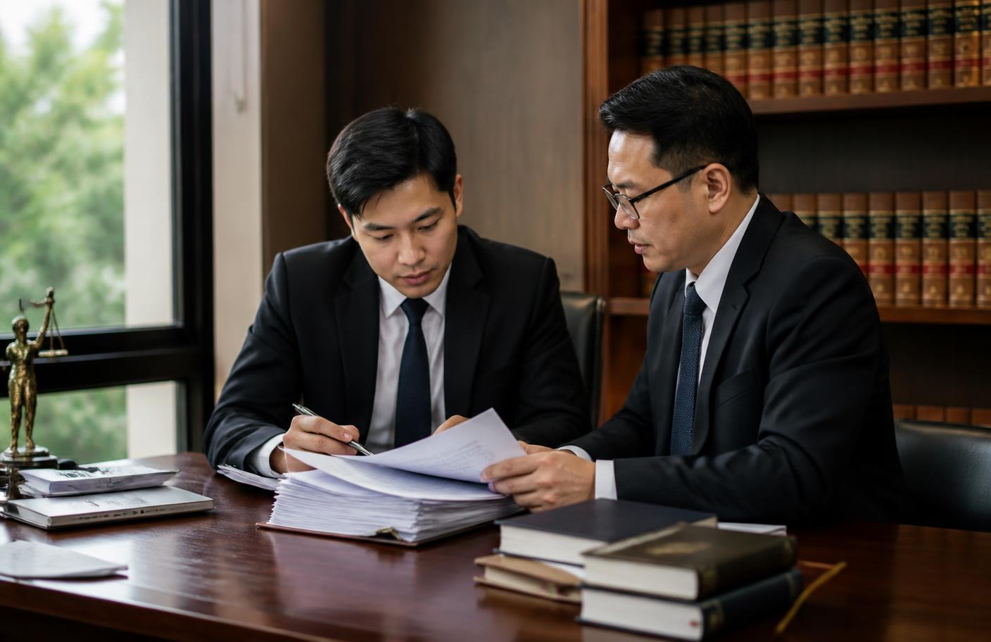 Two lawyers reviewing a case file and court documents together in a law office