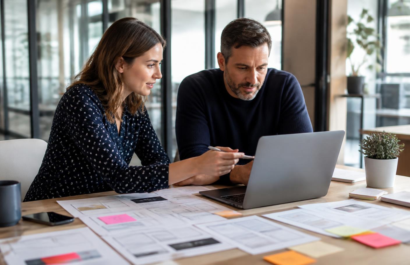 A team reviewing website page structure on a laptop with printed page outlines on the desk